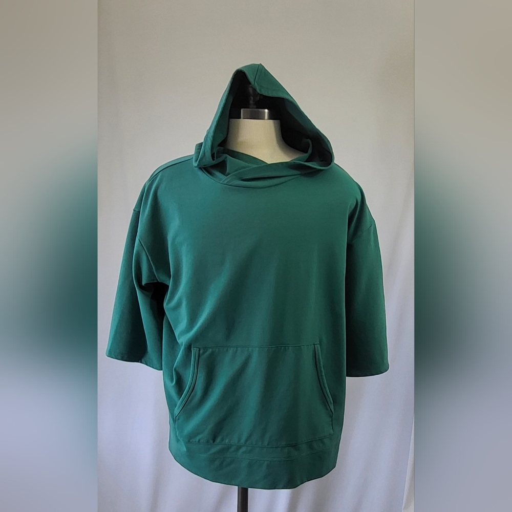 J. Jill Fit Sweatshirt Women Medium Green Solid Hooded Pockets Short Sleeve Lg